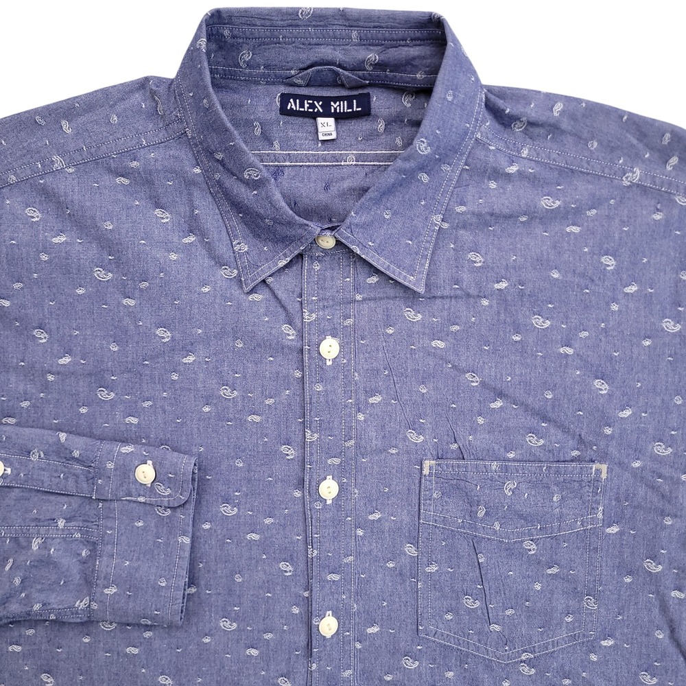 Alex Mill Shirt Mens XL Chambray Blue Paisley Button Up Chore Embroidered